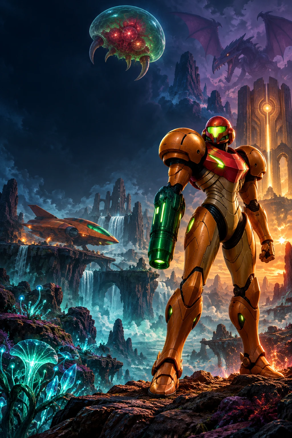 Cumpleaños de Metroid: Samus Aran con su armadura Varia entre ruinas Chozo