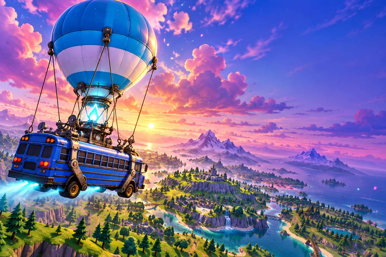 El autobús de batalla de Fortnite sobrevolando una isla al atardecer.