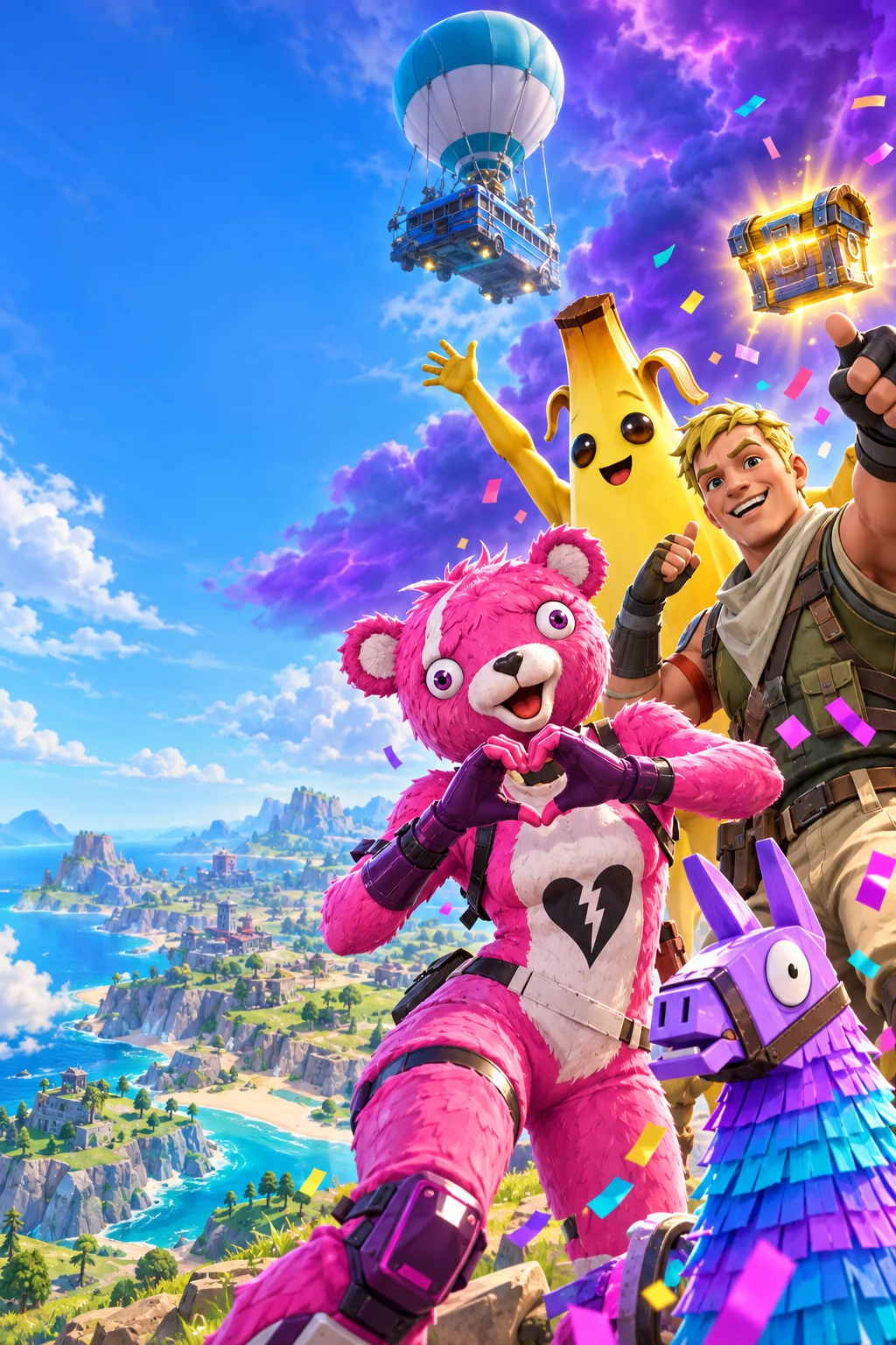 Cumpleaños de Fortnite con Peely, Cuddle Team Leader, Jonesy y una llama de botín