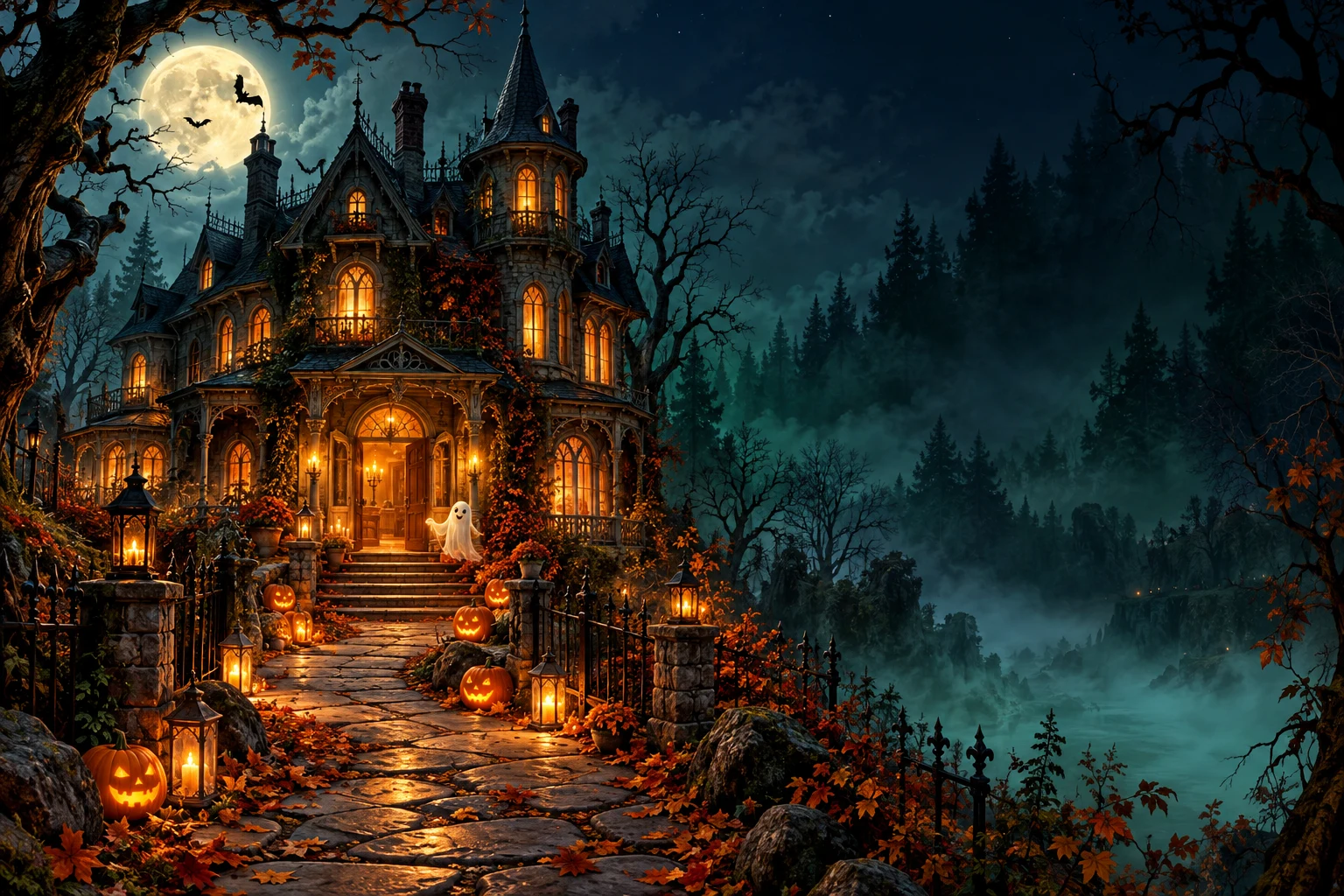 Una casa victoriana iluminada para Halloween, con un camino de calabazas y velas.