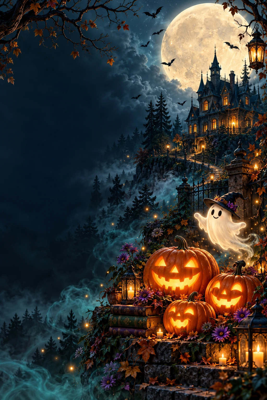 Cumpleaños de Halloween con calabazas iluminadas, un fantasma y una mansión bajo la luna llena