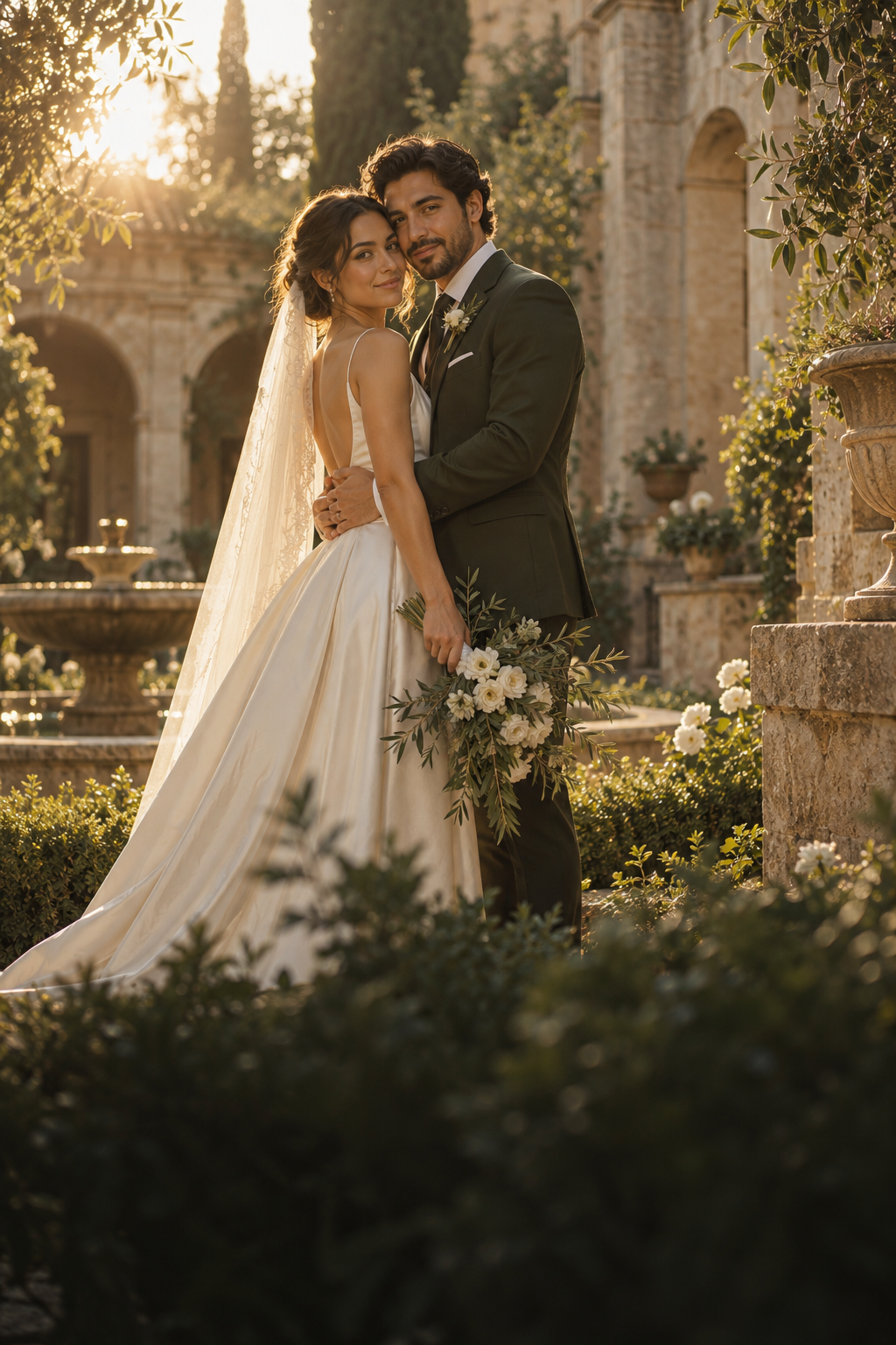 Emilia y Santiago: pareja ficticia en un jardín, portada de una invitación interactiva