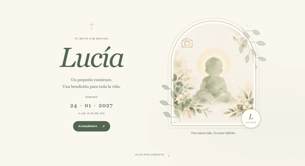 Invitación al bautizo de Lucía, con tonos salvia y fotografía en arco