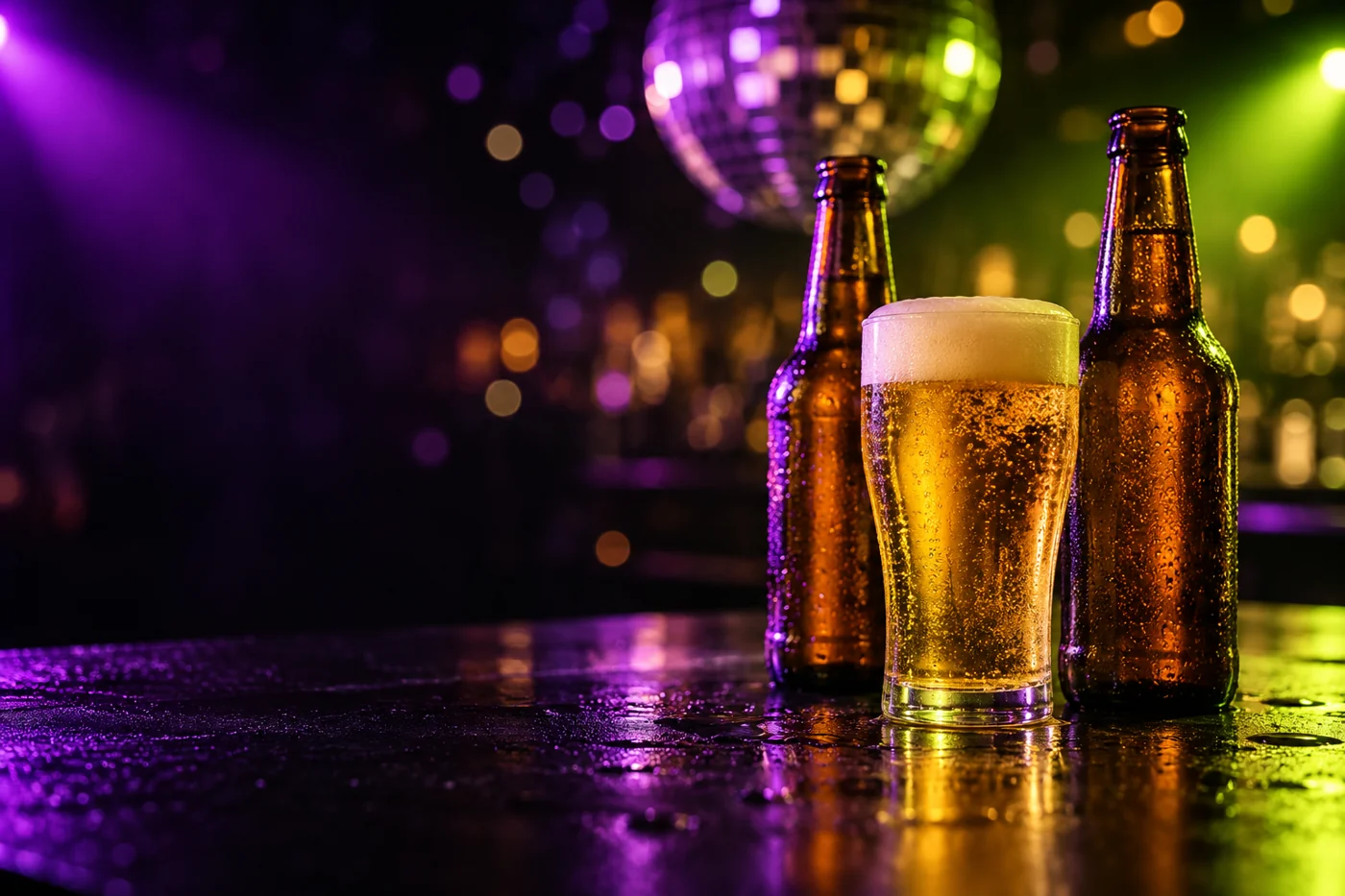 Cerveza dorada y botellas frías bajo luces de fiesta violetas y verdes.