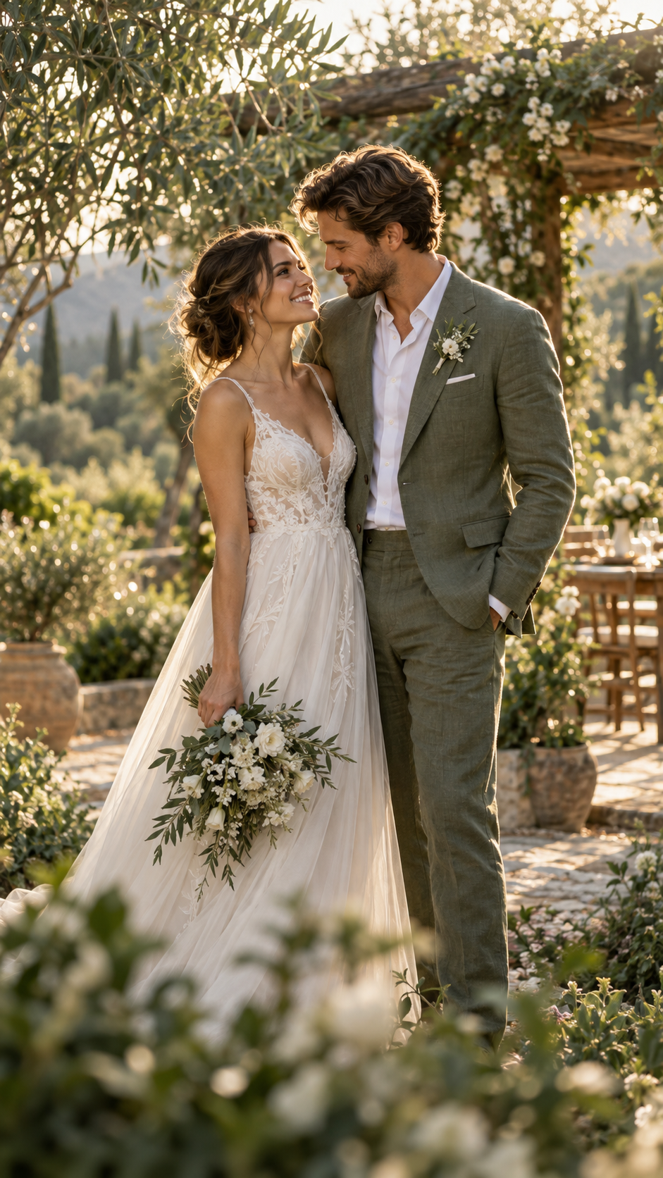 Novios en un jardín boho entre hojas verdes, flores blancas y madera